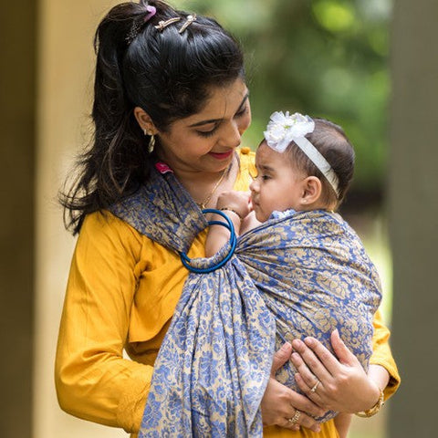 Image of Rajasi Jaquard Hybrid Blue Gold Ring Sling - Anmol Baby Carriers