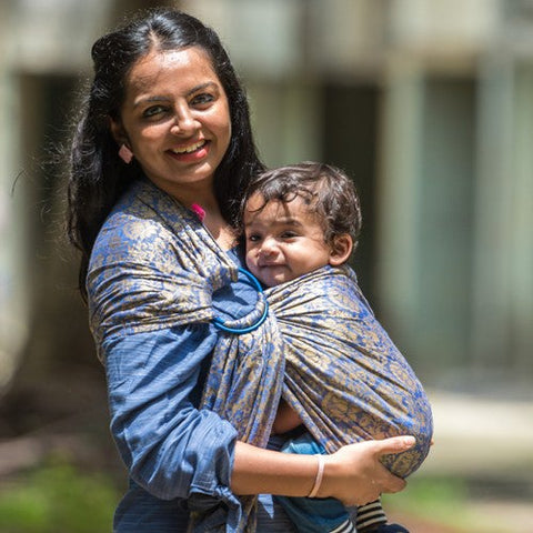 Image of Rajasi Jaquard Hybrid Blue Gold Ring Sling - Anmol Baby Carriers
