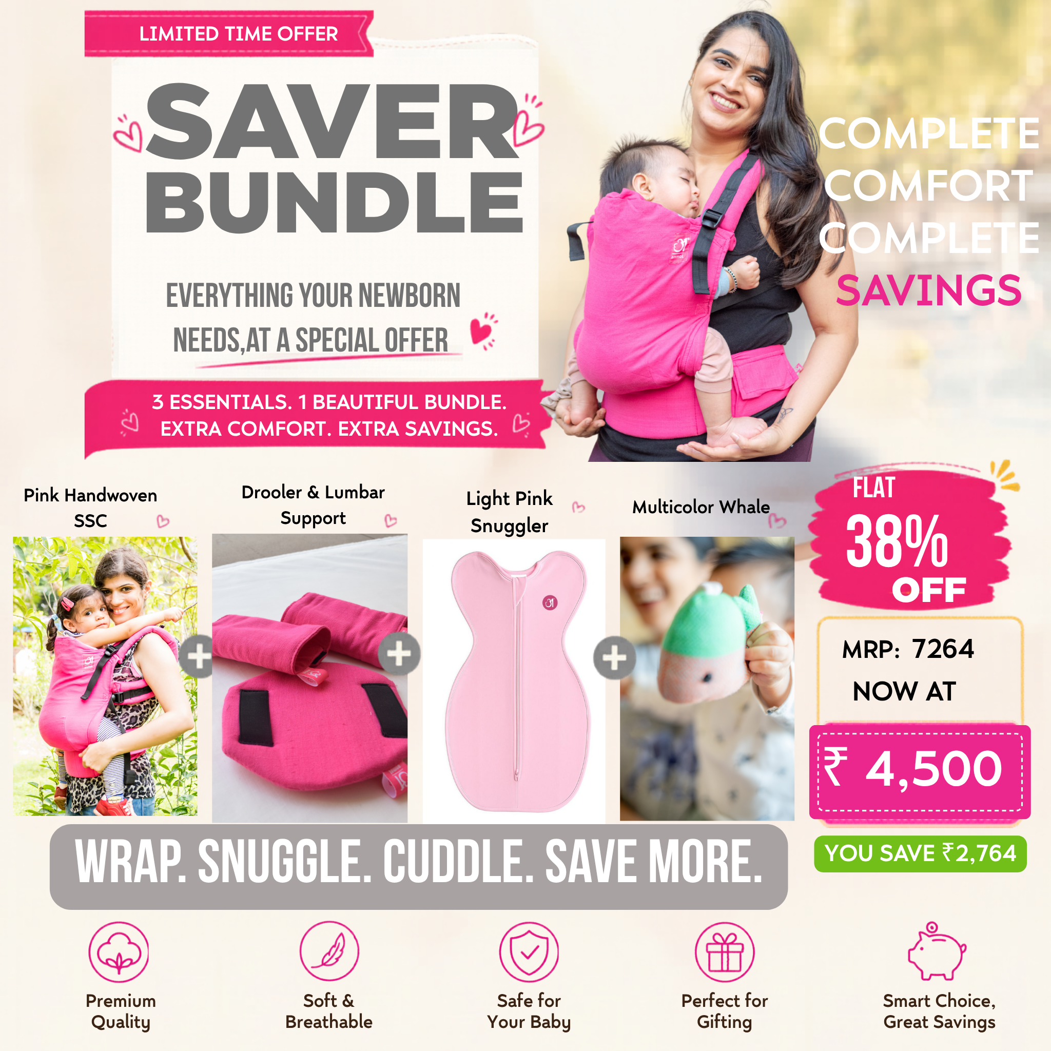 Anmol Basic Pink Handwoven SSC + Pink Lumber Support & Droolers + Light Pink Snuggler + Multicolor Whale
