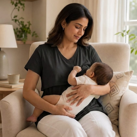 Black Breastfeeding T-shirt With Short sleeves and V neck