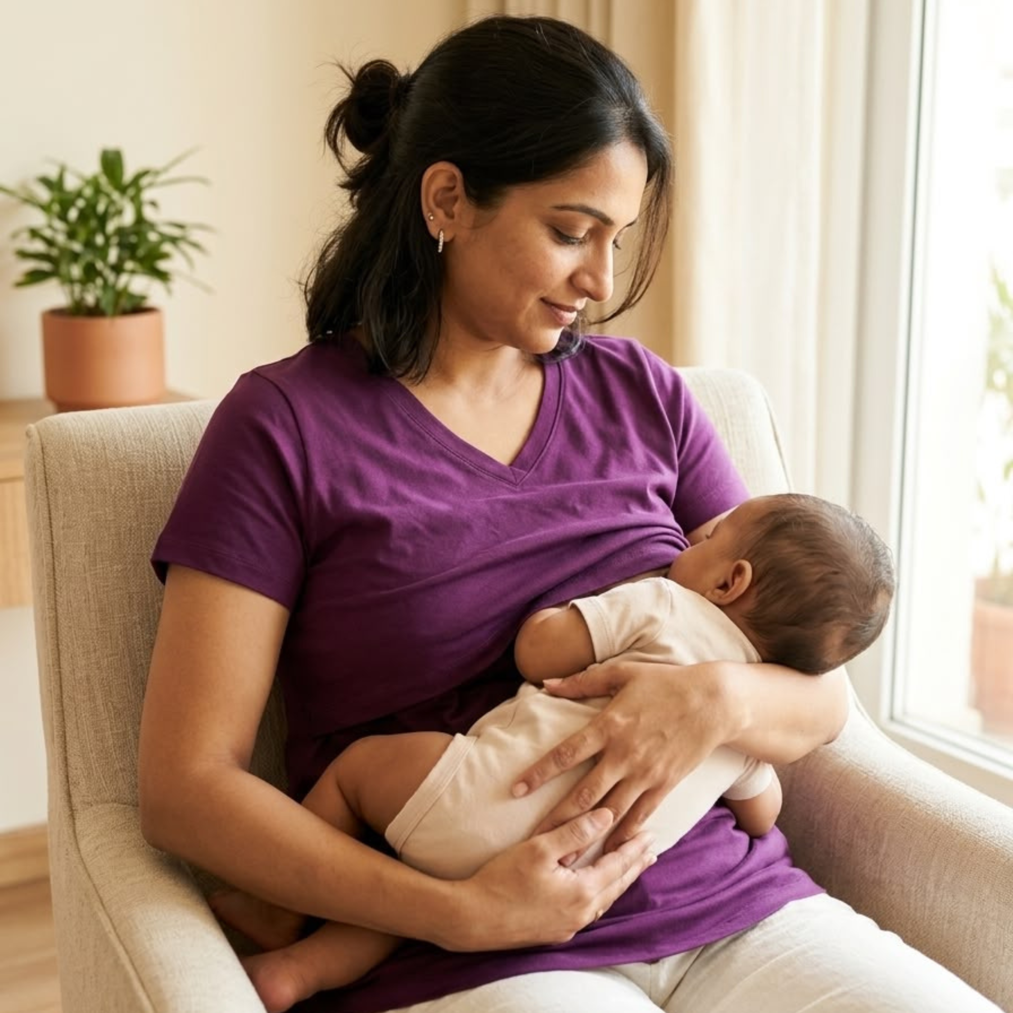 Purple Breastfeeding T-shirt With Short sleeves and V neck