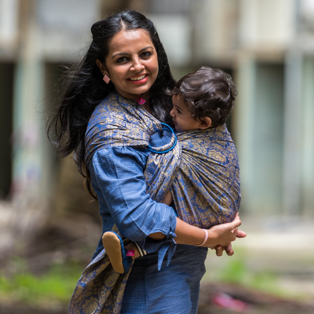 Rajasi Jaquard Hybrid Blue Gold Ring Sling - Anmol Baby Carriers