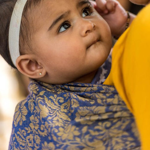 Image of Rajasi Jaquard Hybrid Blue Gold Ring Sling - Anmol Baby Carriers